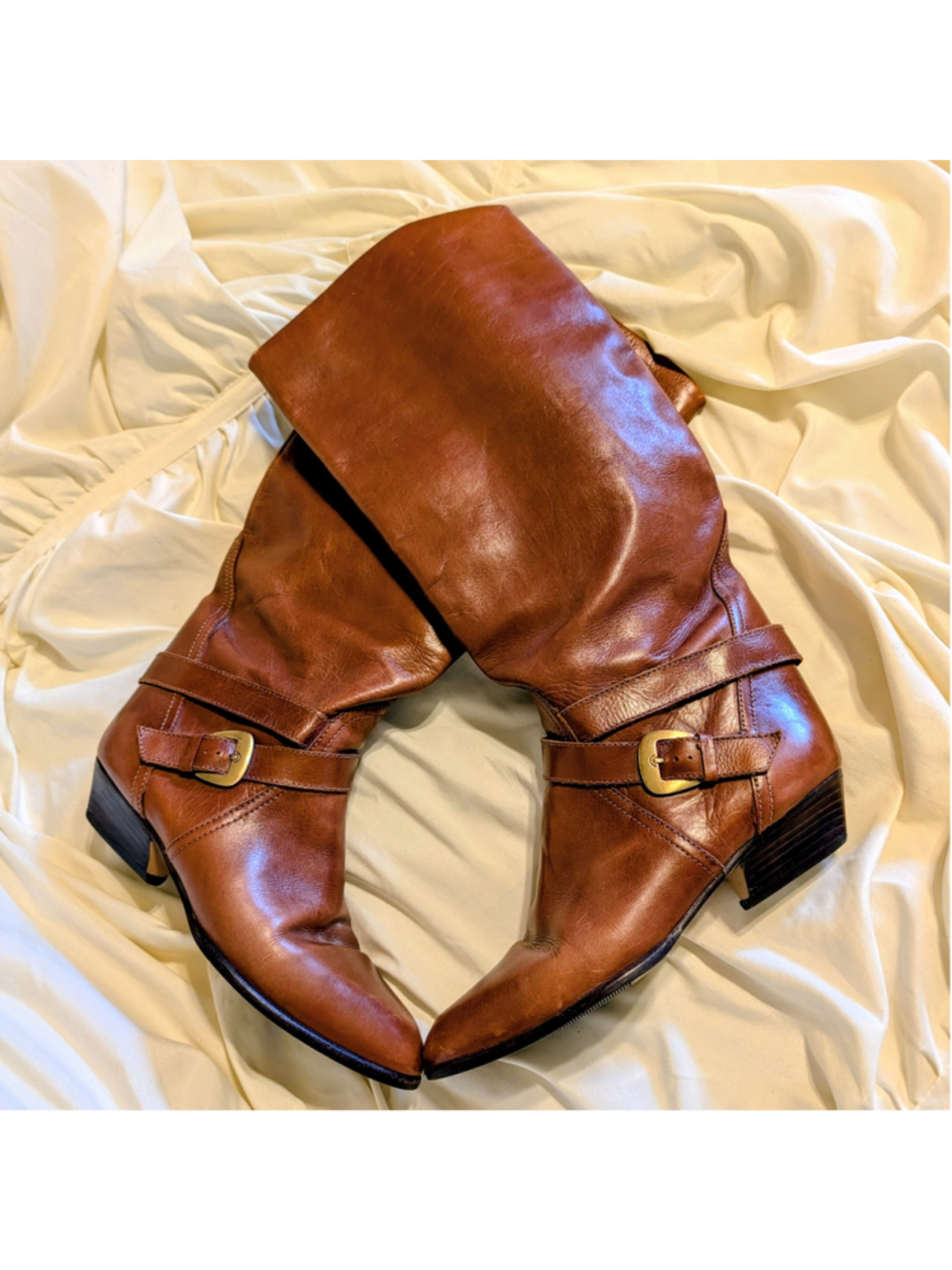 Enzo Angiolini Brown Leather Riding Boots Harness Mid Calf Low Heel 8M